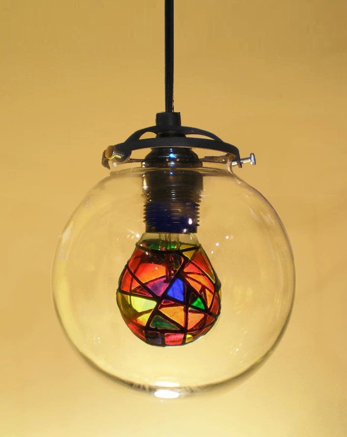 The Tesla III Glass Globe Industrial Pendant Lamp with Stained Glass Bulb