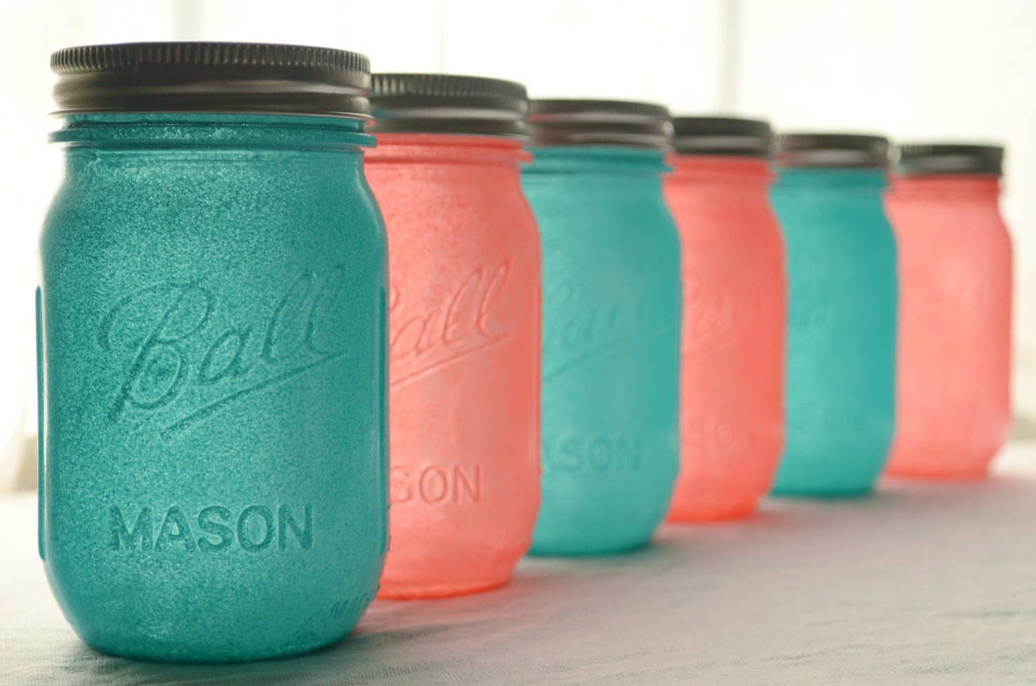 Stained Glass Mason Jars - Set of 6 - Aqua Blue and Coral