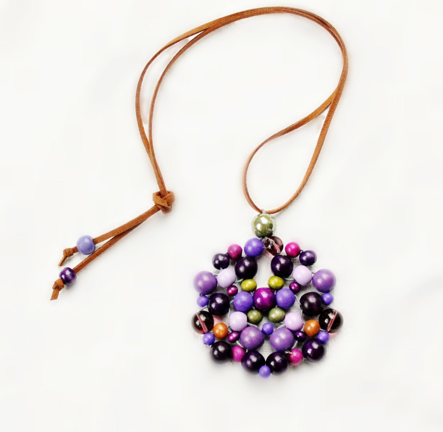 Round pendant, Purple, Woven Wooden Bead Necklace, Green and Lilac Highlights, Minimalist, Funky