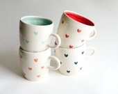 Coffee Mug Set of 4- Heart Pattern in Teal Coral Red and Mint Handmade Ceramics by RossLab