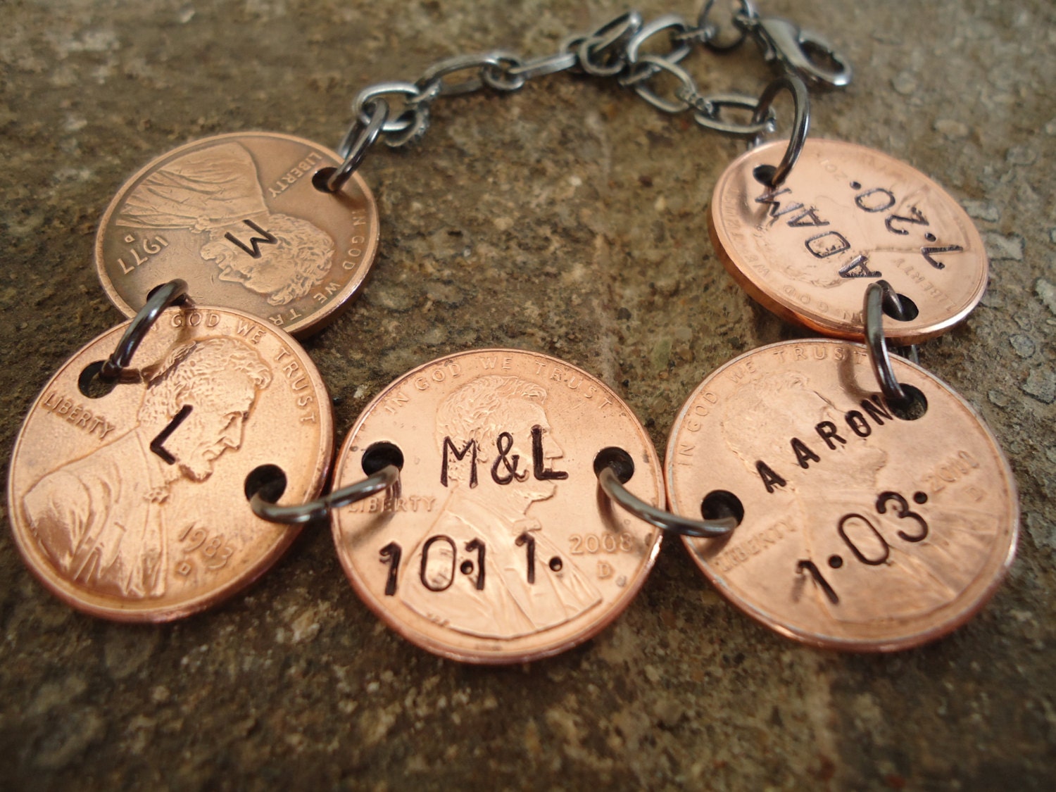 Family History Personalized Penny Bracelet with Hand Stamped Names/Initials and Dates - Mom Necklace - gift for her