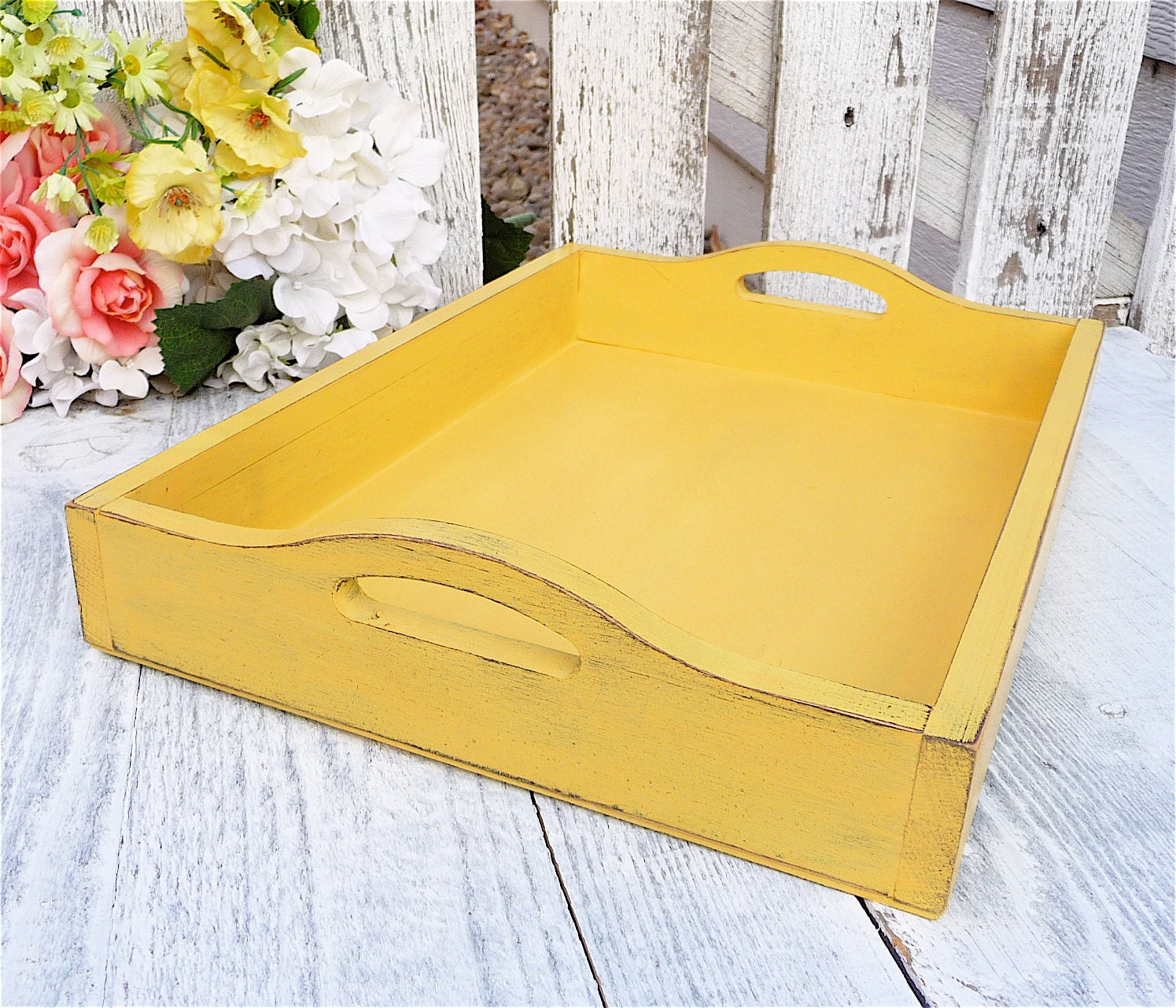 Shabby chic Antiqued Yellow Wood Serving Tray