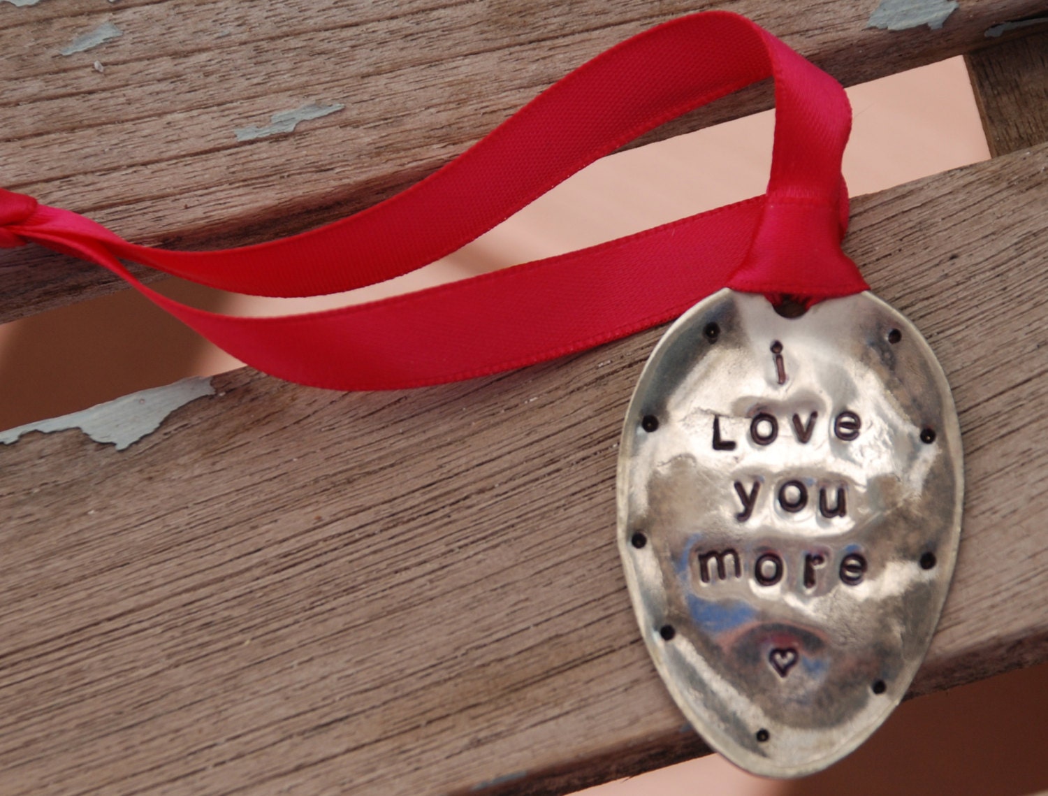 I Love You More hand stamped Ornament with Fushia Ribbon Vintage Spoon