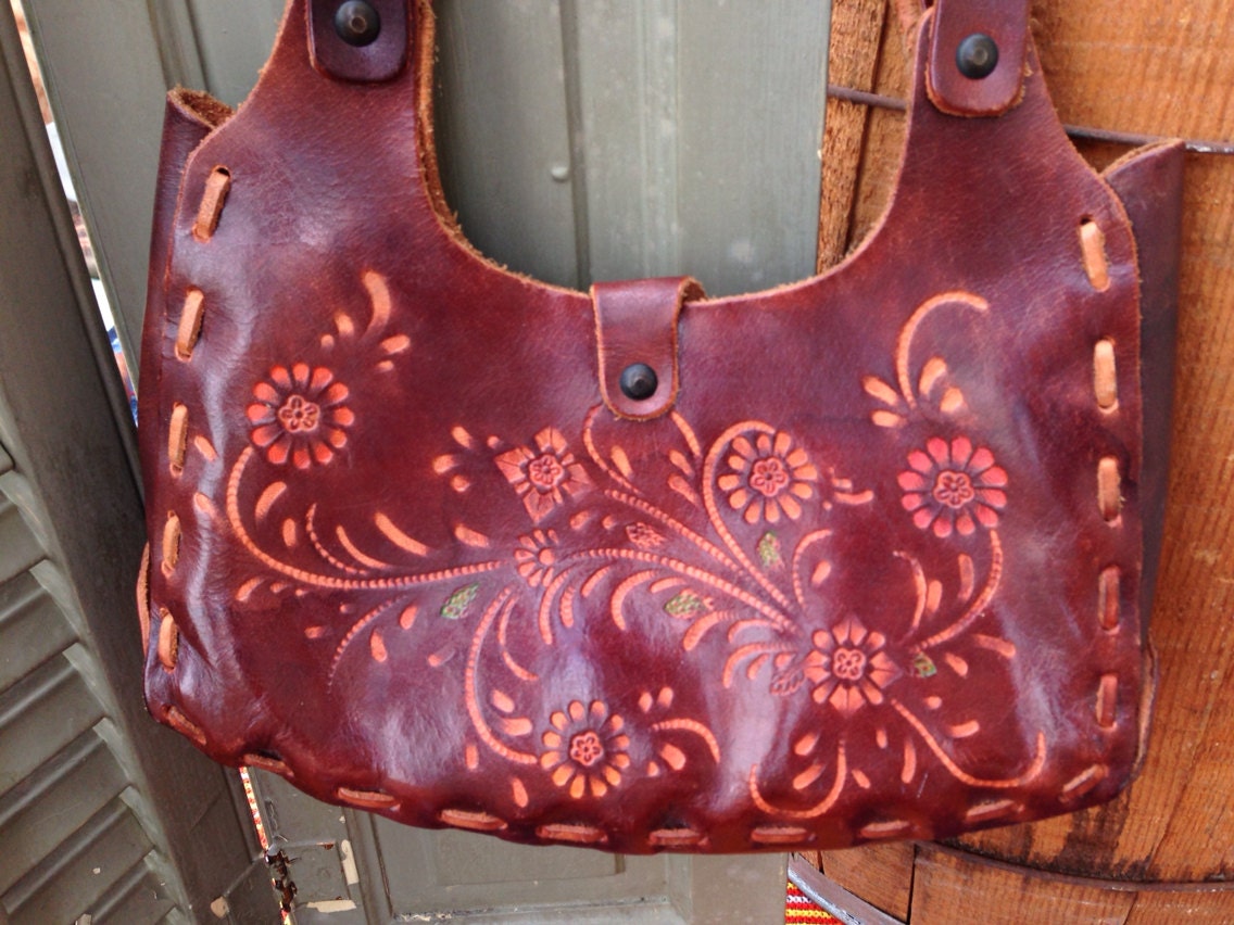 Vintage Leather Hand Tooled Purse with Colorful Flowers