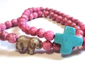 Speckled Pink Beaded Bracelet with Turquoise Cross