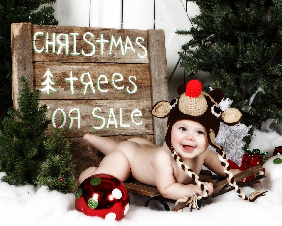 Baby Rudolph Reindeer Earflap Hat - Crochet Newborn Beanie Boy Girl Costume Christmas Thanksgiving Photo Prop Cap Winter Outfit