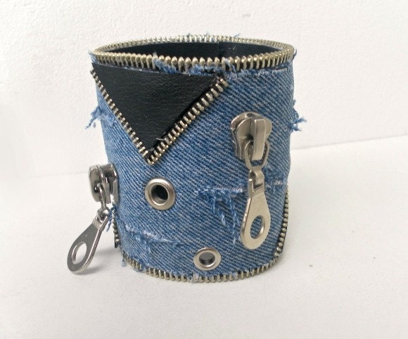 Cuff  denim bracelet, Recycled Blue Jeans, zipper and black leatherette, shabby chic style,  Primive style ,eco friendly, recycled jewelry