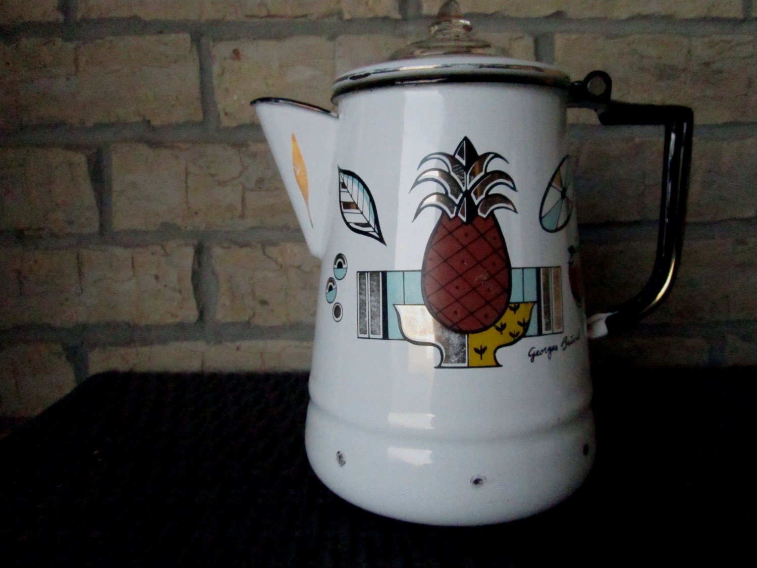 Vintage Art Deco Enamelware Pitcher by Georges Briard White and Black Pineapple and Strawberry Percolator Coffee Pitcher Carafe
