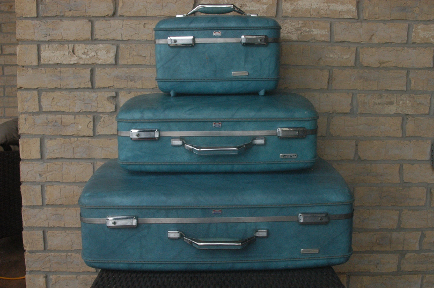 Vintage American Tourister Luggage Hard Sided Marbled Teal Blue Set of 3 with Travel Case Hardsided Fun Gorgeous Color