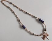 Lapis Lazuli, Freshwater Pearl, and Rose Gold Dragonfly Necklace