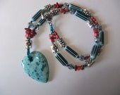 Turquoise, Coral, and Silver Heart Necklace