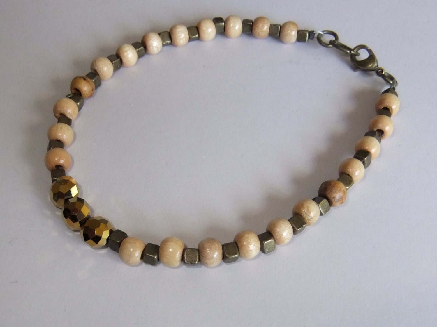 Wood, Brass, and Crystal Bracelet