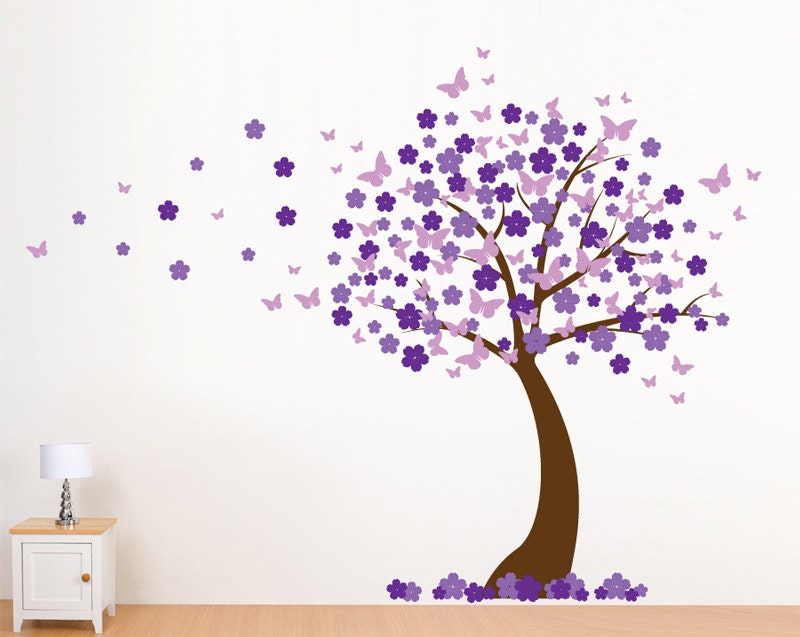 Butterfly Blowing Cherry Blossom Tree Wall Decal, Butterfly Blowing Blossom Tree for Baby Nursery, Kids or Childrens Room