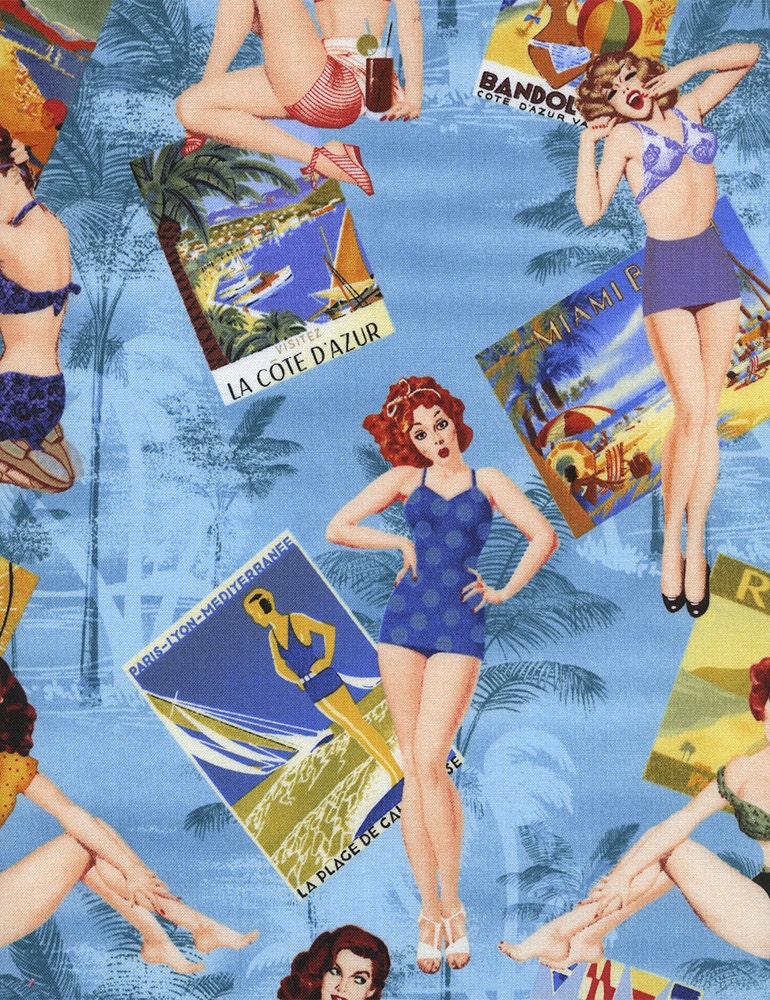NEW - Timeless Treasures Fabric  - Era Collection - Pin Up Girls - Blue