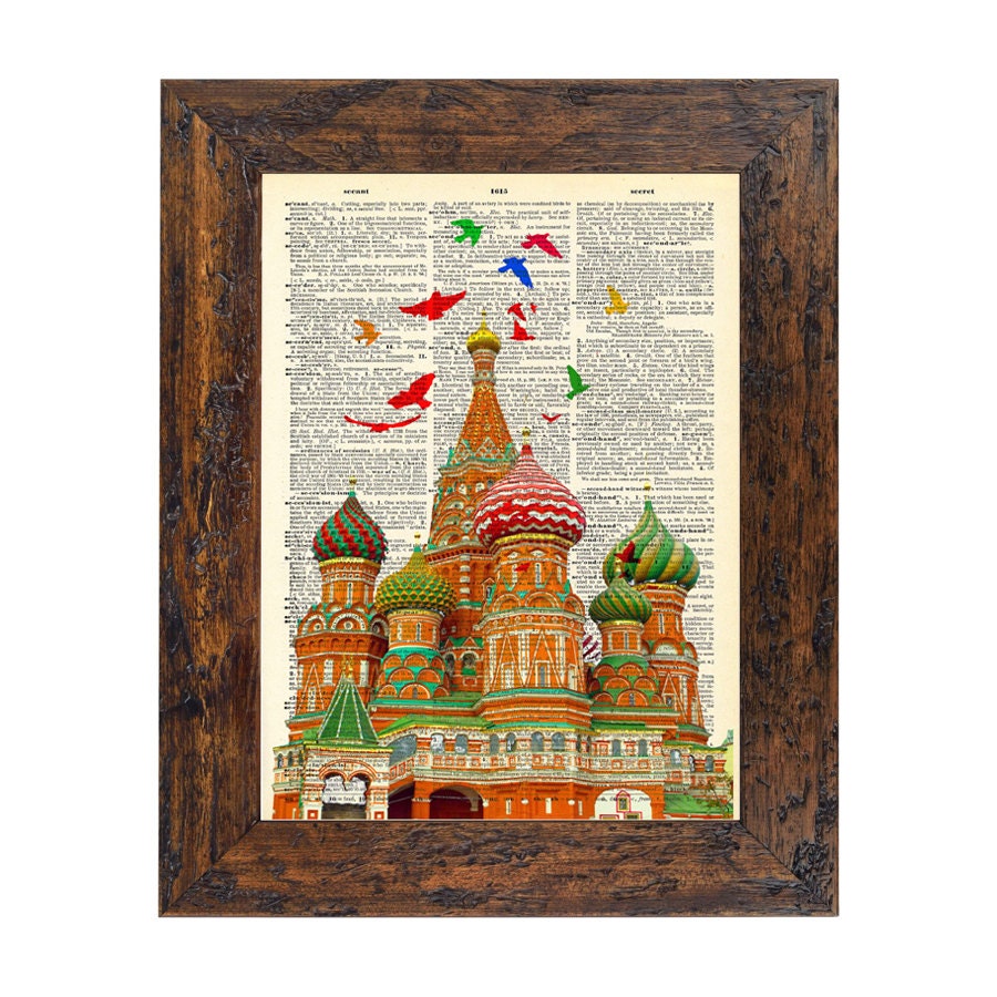 Russian Saint Basil's Cathedral with Birds Print on an Unframed Upcycled Bookpage