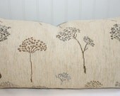 Schumacher Tea Tree Lumbar Pillow Cover / 14 X 24 / Creme, grey, brown, and tan upholstery with grey chenille back