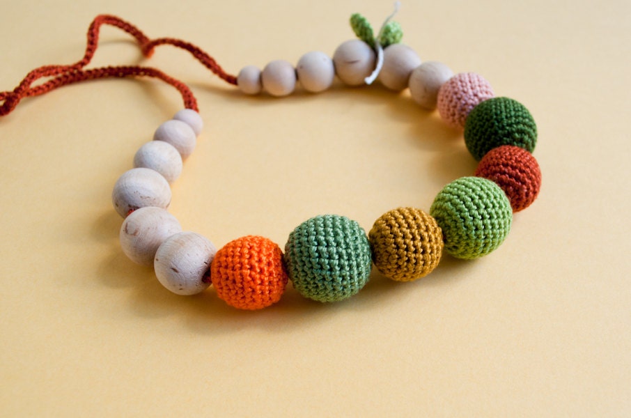 Nursing Necklace/Teething Necklace-Wooden and Crochet Necklace-Brown Green Orange