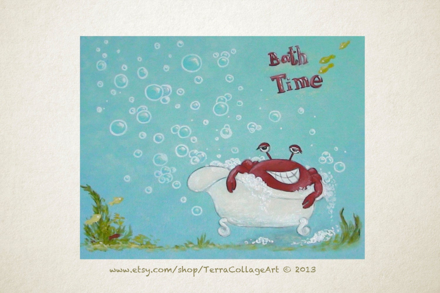 11x14 in. "Bath Time" Original mixed media painting. Unframed. Crab marine life sea ocean, kids bathroom decor, bubbles