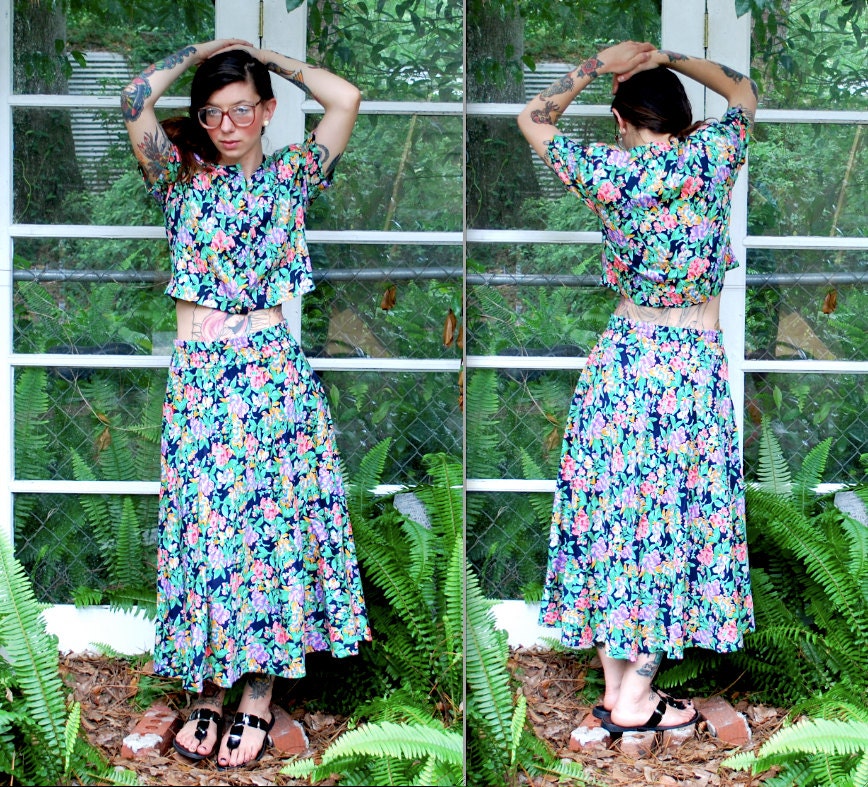 Vintage // 90's Crop Top Floral Two Piece Set // Skirt with pockets // Small 4 // Gypsy Hippie Grunge