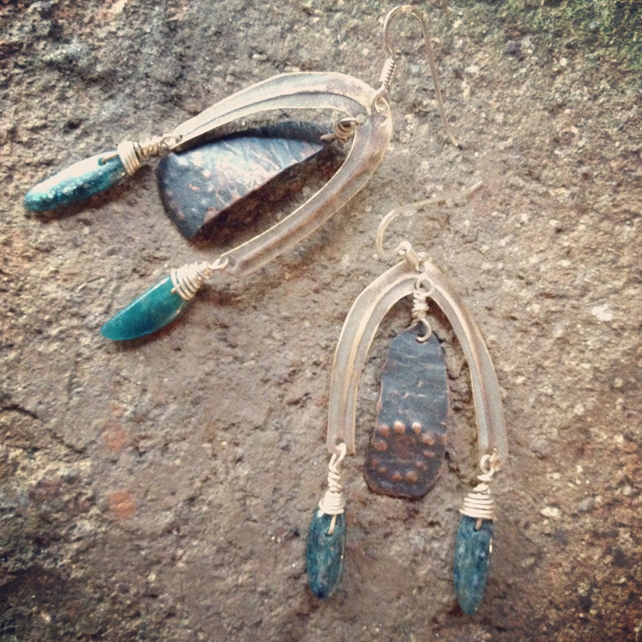 kyanite apatite hammered copper and recycled brass earrings