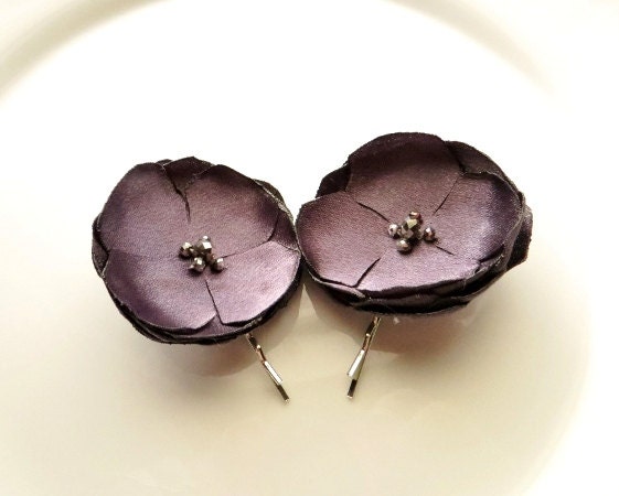Plum Fabric Flower Bobby Pins, Small Flowers, Clips, Satin, Bridesmaid Wedding Bridal Hair Accessories, Grayish Purple Lavender, Girls
