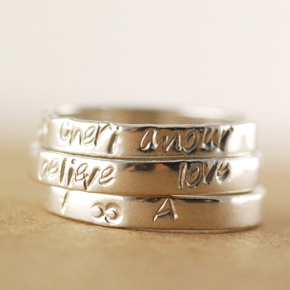 Personalized rings - Valentines Day, Hand Stamped Ring, Jewelry- Custom Initial Rings, Set Of Three Sterling Silver Custom Bands