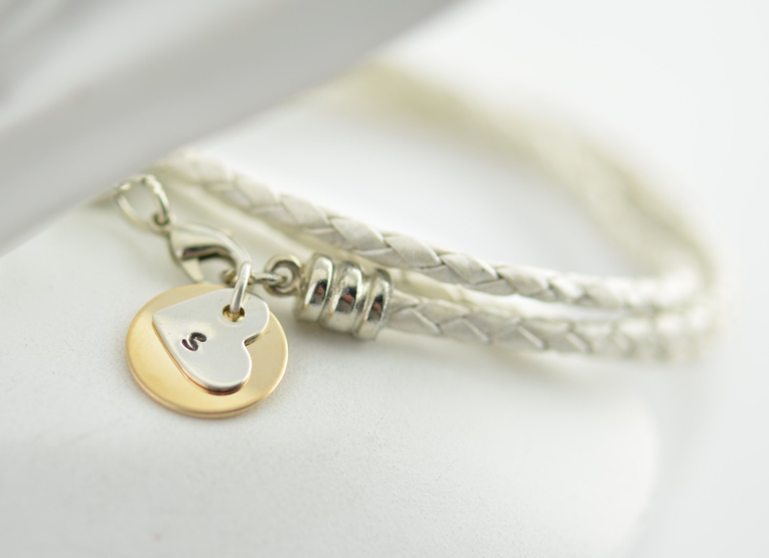 Personalized bracelet with 14k gold initial disc, heart charm, sterling silver initial, womens personalized leather bracelet