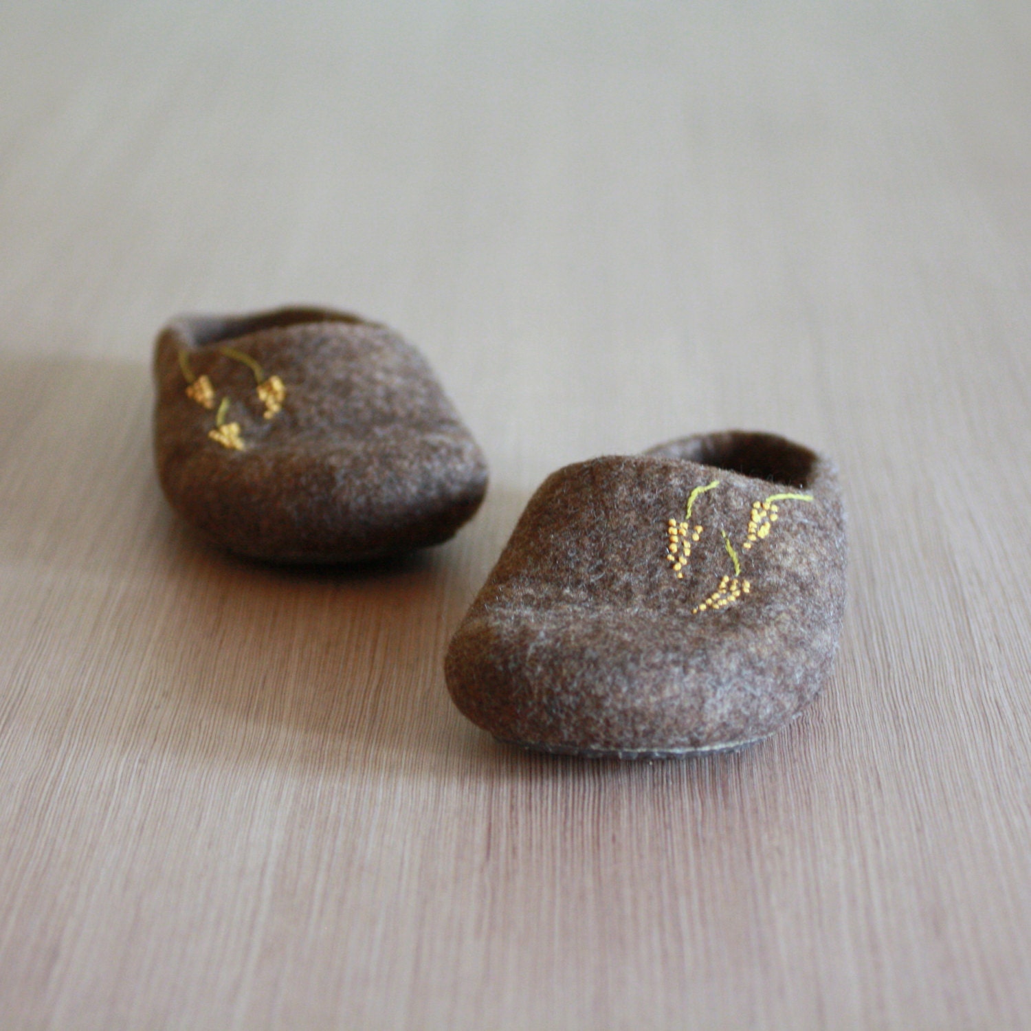 Felted wool slippers for women with yellow flowers - brown house shoes - made to order - Wedding gift