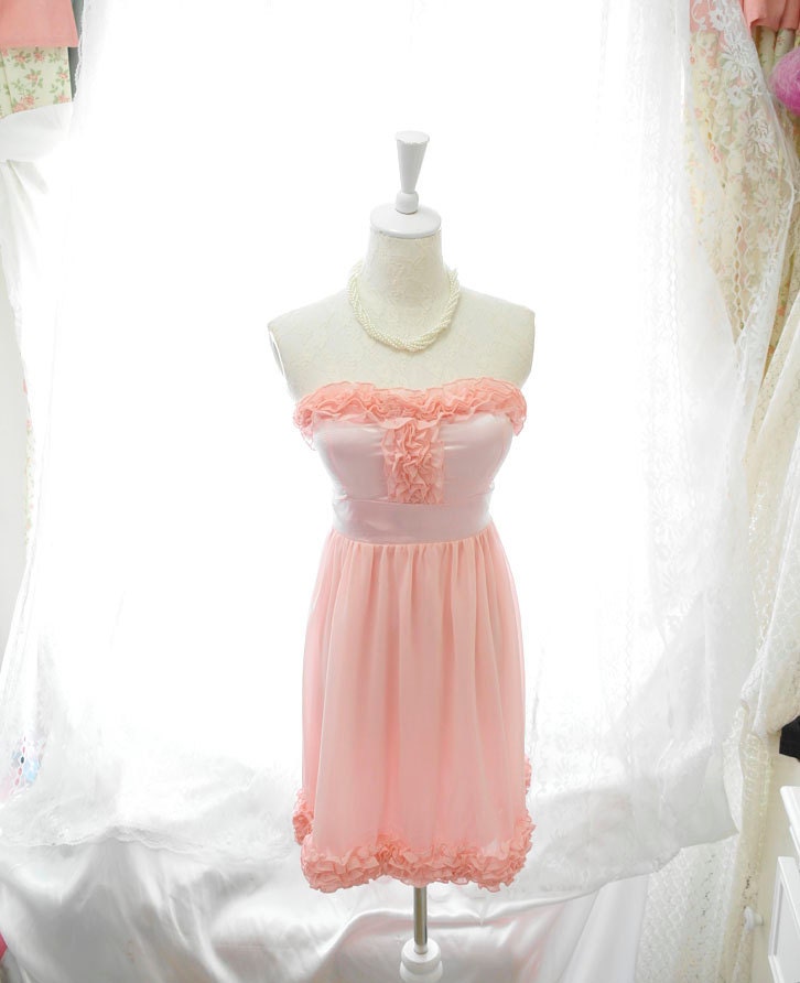 Sweetheart Elegance Cocktail Party Prom Ruffles Frills Dress Strapless handmade pastel  baby pink chiffon satin