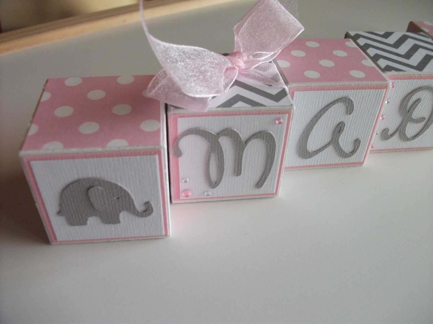 Wooden Name Blocks - Elephants - Chevron Pink Gray