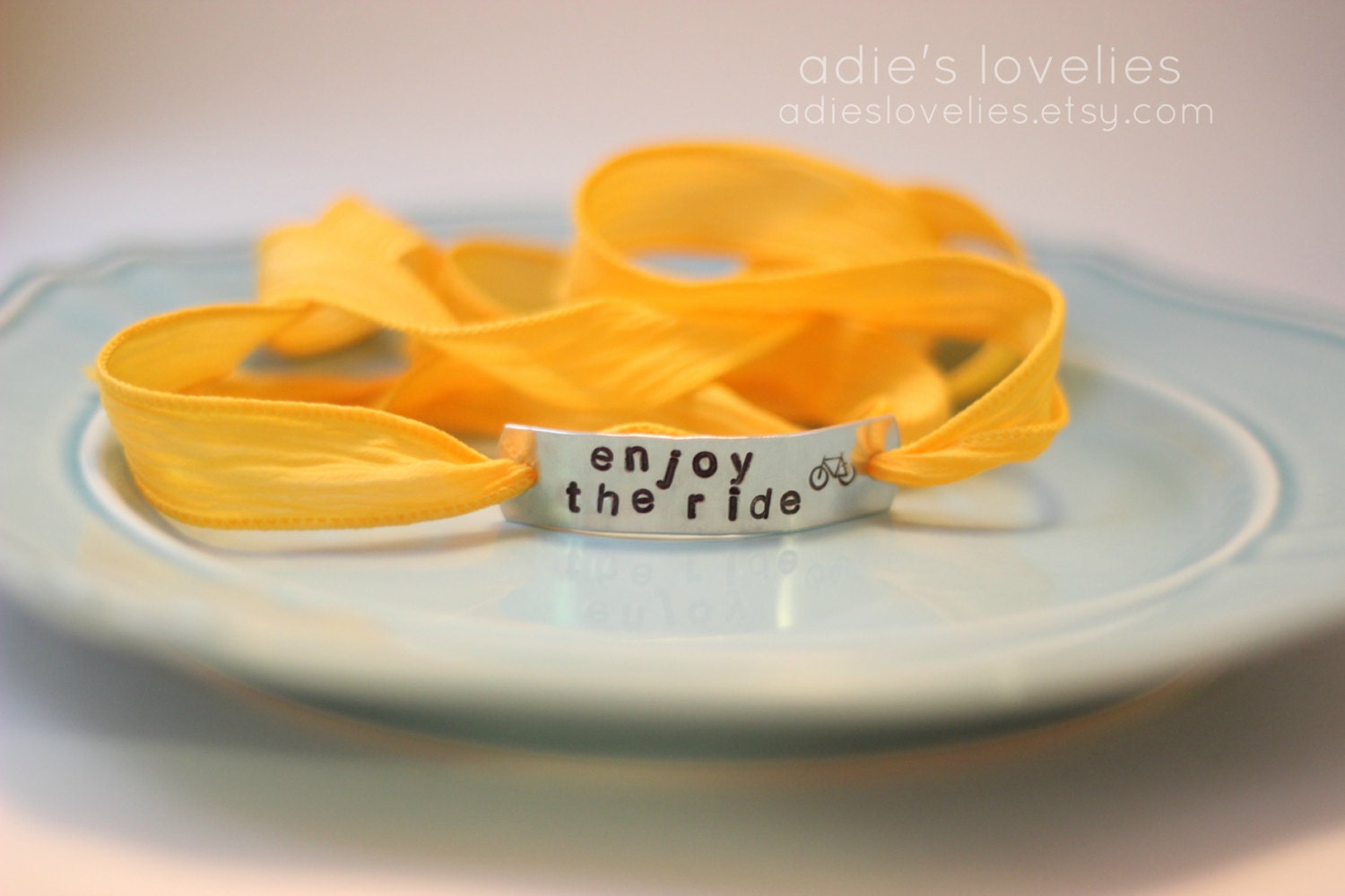 Silk Ribbon Wrap Bracelet - Hand-stamped - Enjoy The Ride - Bicycle - Choose Your Colors