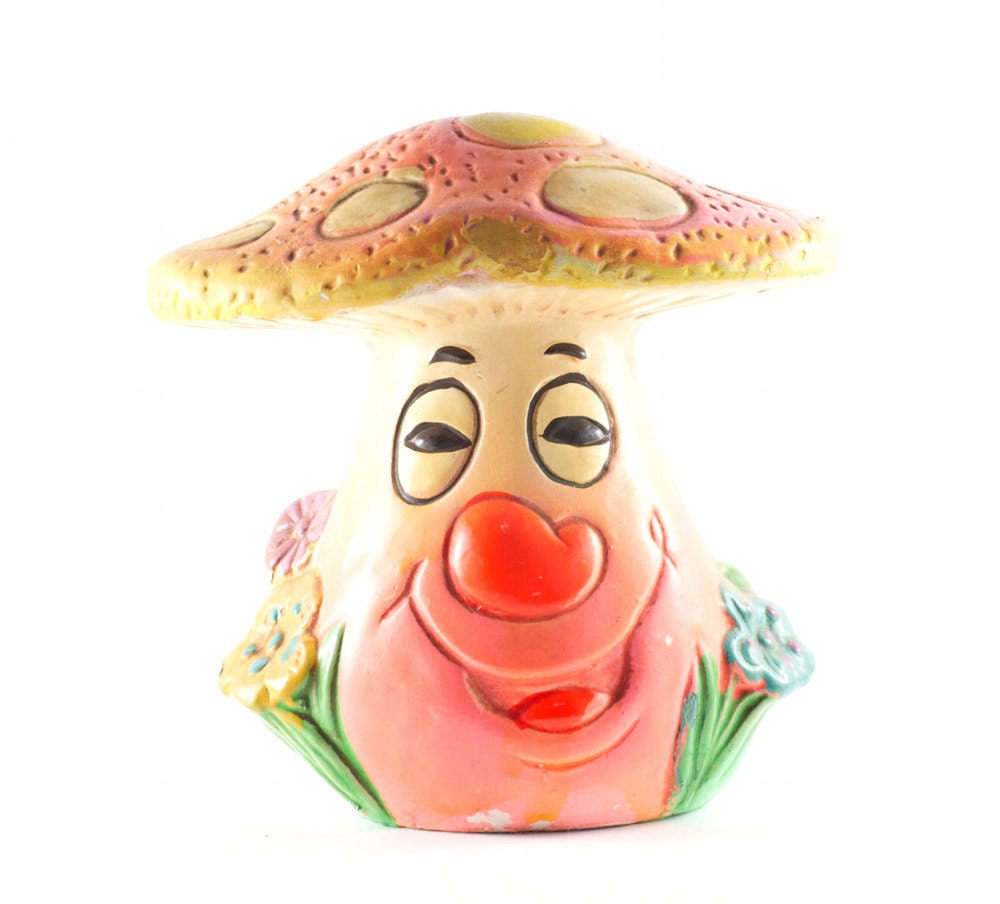 Mushroom Piggy Bank w Flowers Hippie Folk Retro Home Decor / Vintage 60s 70s
