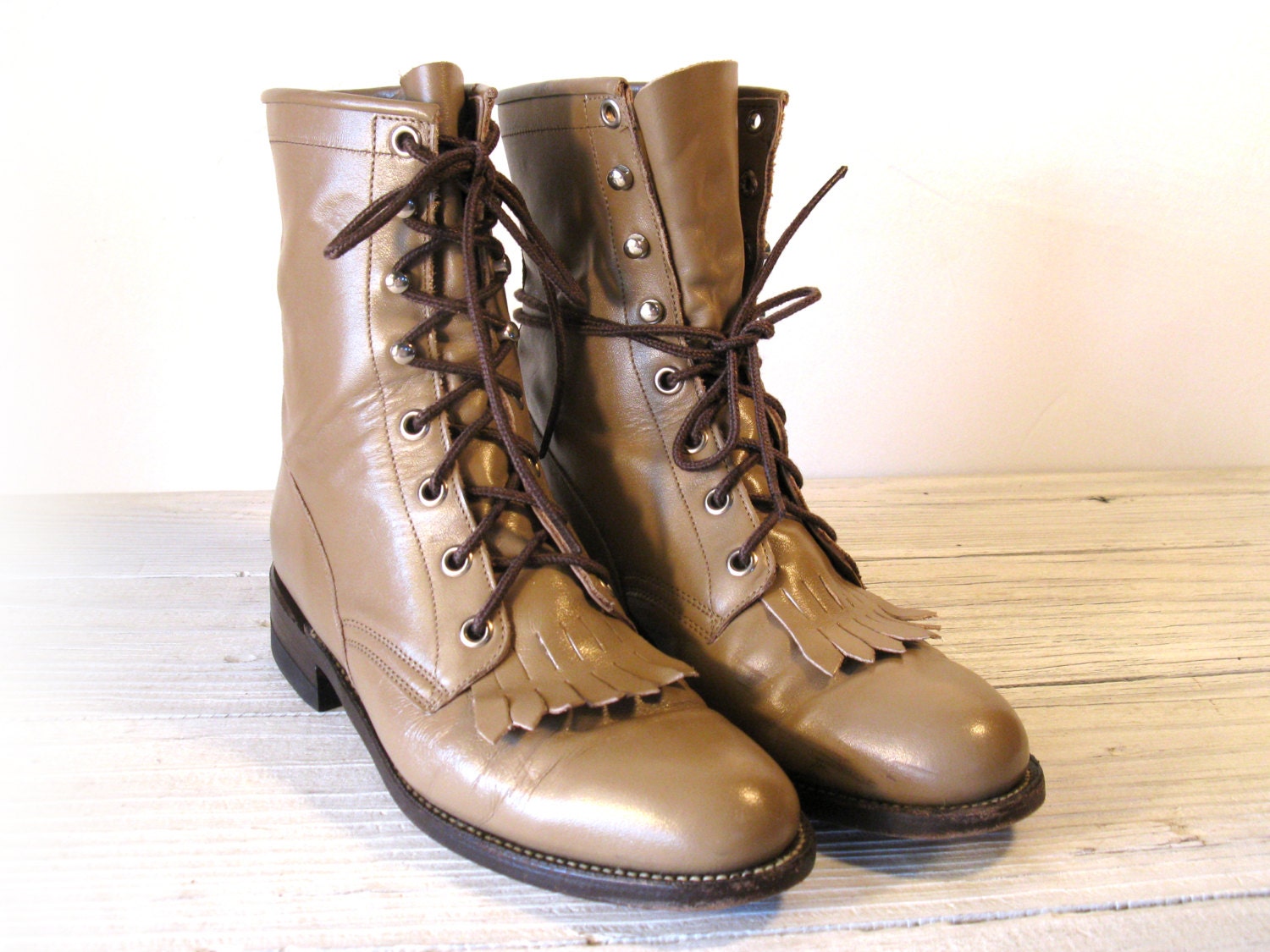 JUSTIN Beige Taupe All Leather Lacer Roper Cowboy Boots, Women's size 6 B