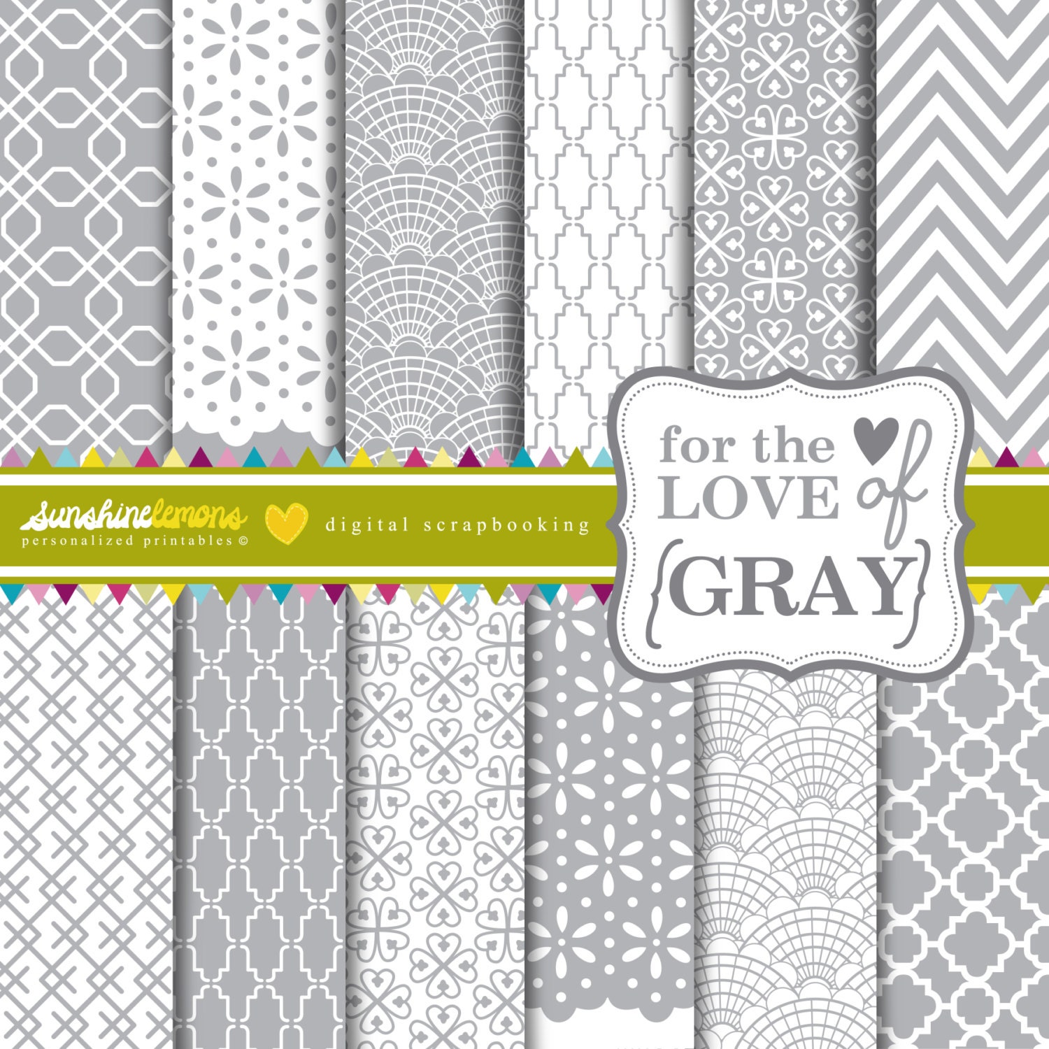 For the Love of Gray Digital Scrapbooking Paper Set (12)