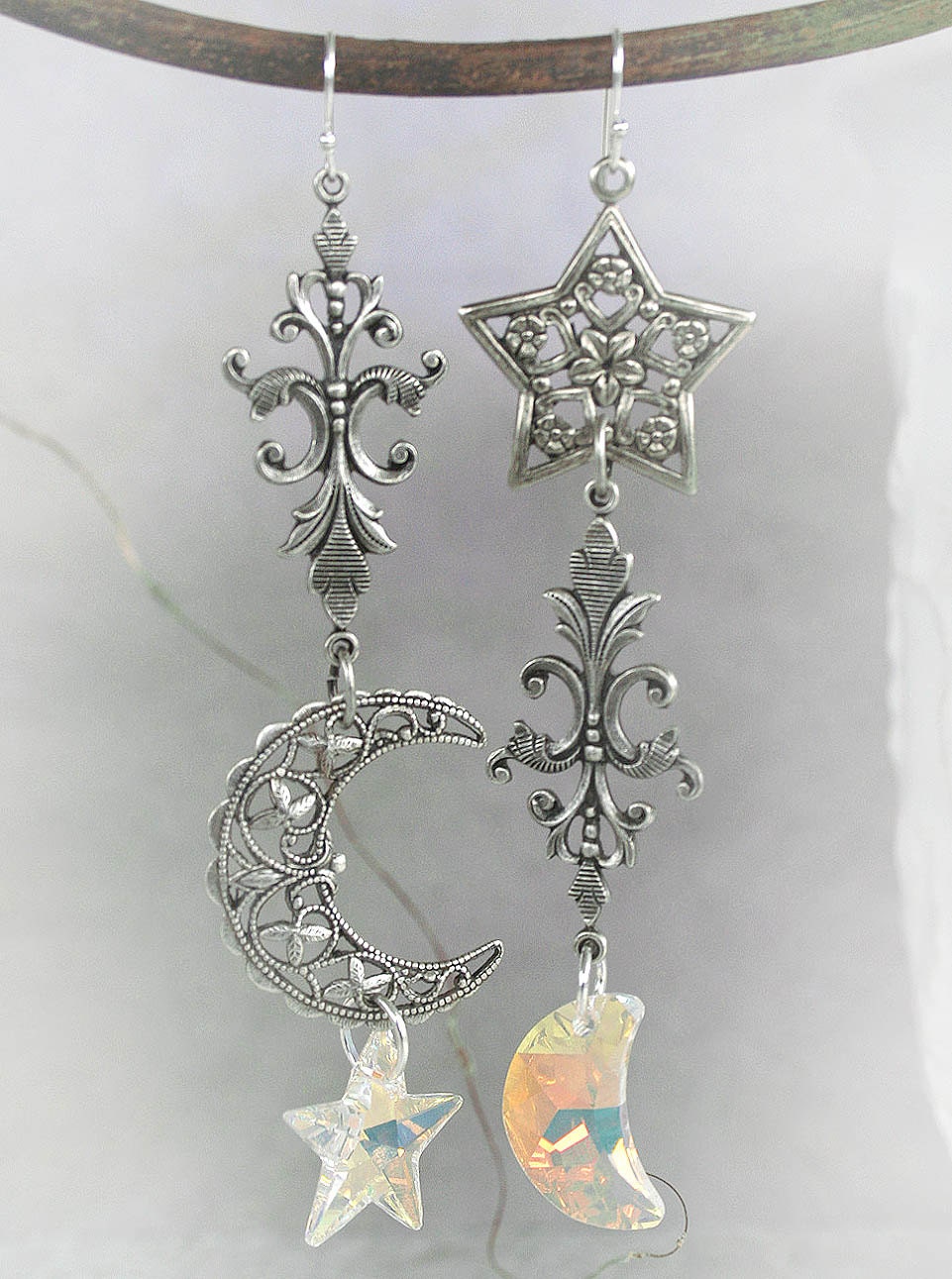 REACH for the MOON celestial fantasy asymmetrical earrings in aged silver with Swarovski crystals