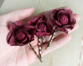 BRIAR ROSE three dark red silk rose hair pins, hair clips on bobby pins, gift boxed