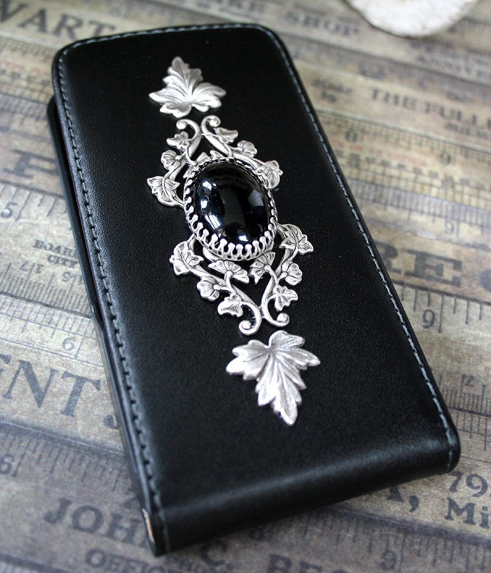 MIDNIGHT GARDEN Victorian steampunk iPhone 4, 4G, 4s case, faux black leather flip case with jeweled embellishments