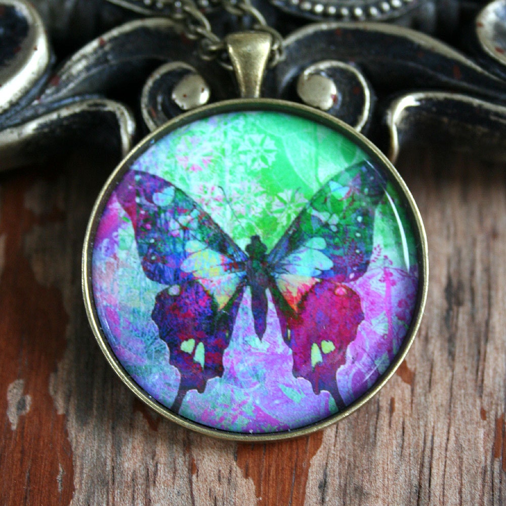 VINTAGE BUTTERFLY colorful butterfly art paper glass pendant on 18" chain, gift boxed