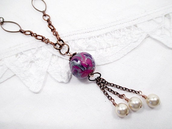 Pearl Lariat Necklace Handmade Beaded Jewelry Metallic Silver Pink Purple Women Boho Recycled Victorian Vintage Pearl
