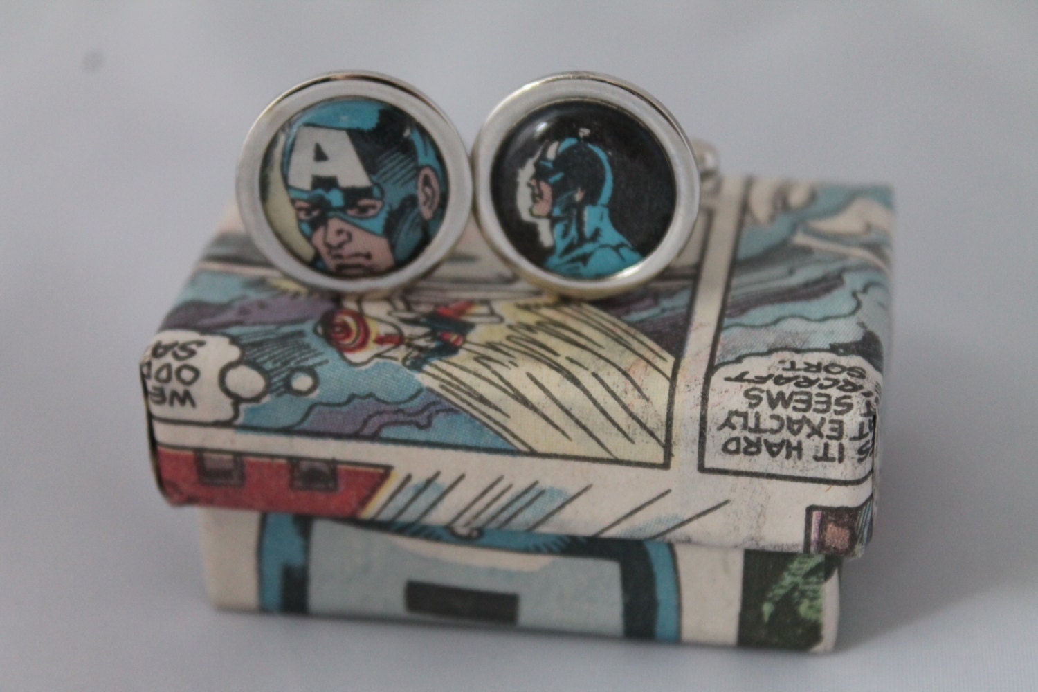 Avengers Cufflinks// Captain America //Recycled comic Cufflinks// Marvel comic cufflinks