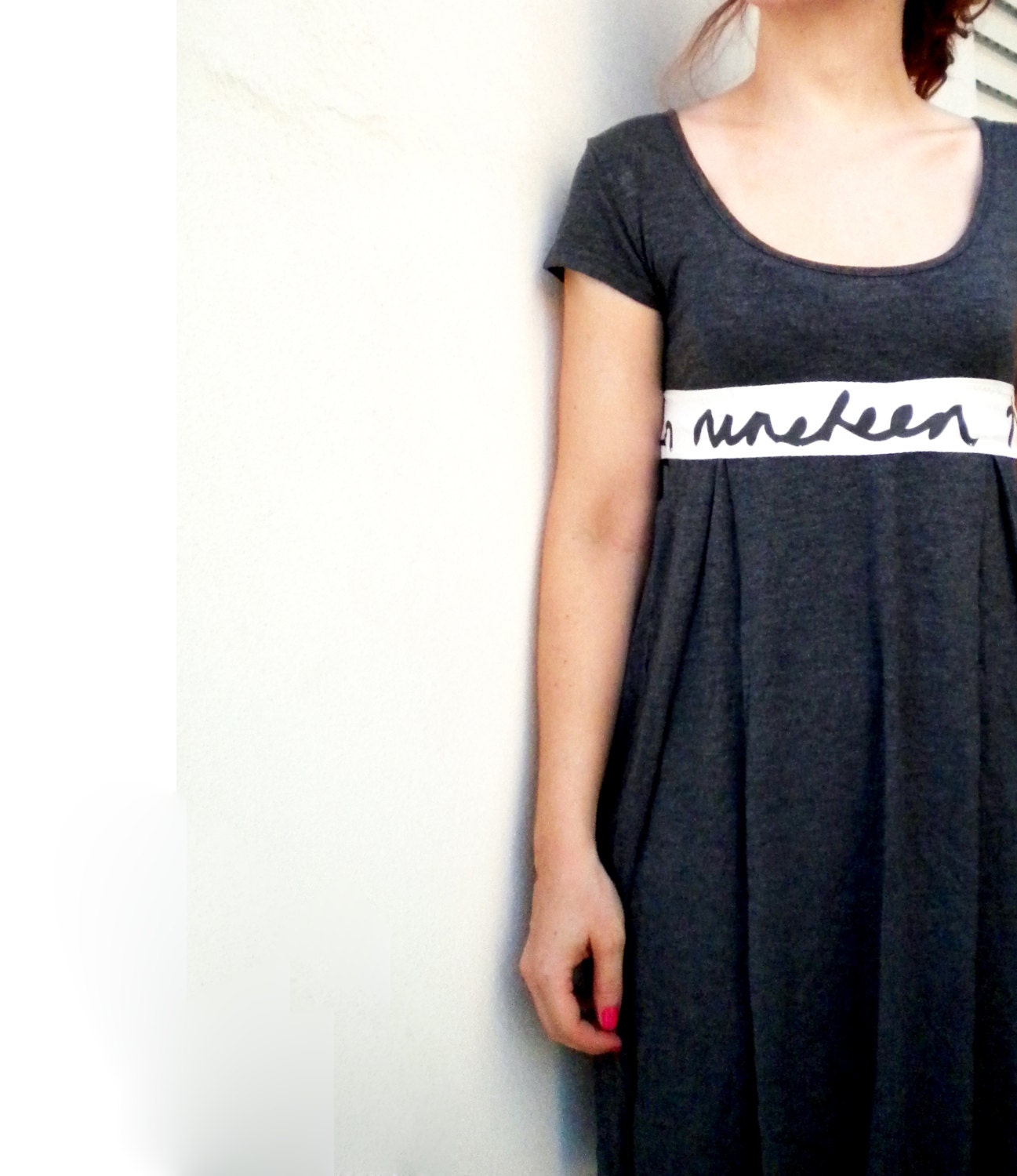 Eco - Upcycled jersey dark grey dress - white cotton fabric bow belt - handmade - unique woman clothing
