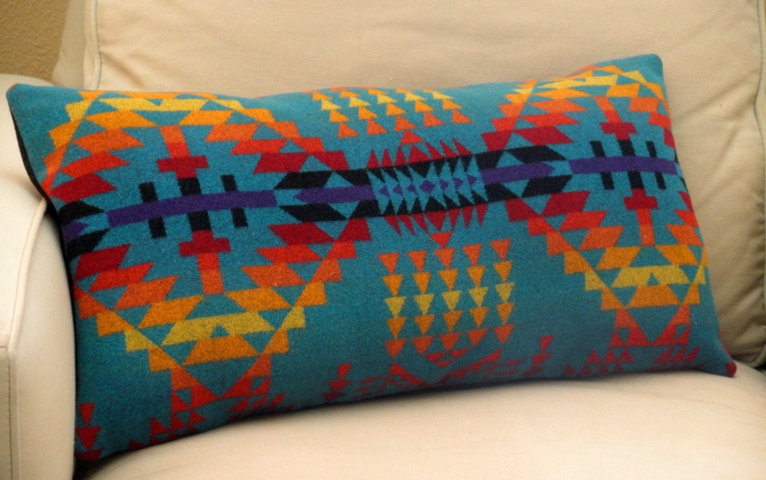 XL, Aztec pillow, handmade of Pendleton blanket wool fabric, vibrant colors of the sunset,Turquoise, Red, Orange 26 x 14