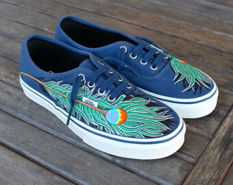 Peacock Feather Vans shoes, Blue/ Marshmallow Authentic