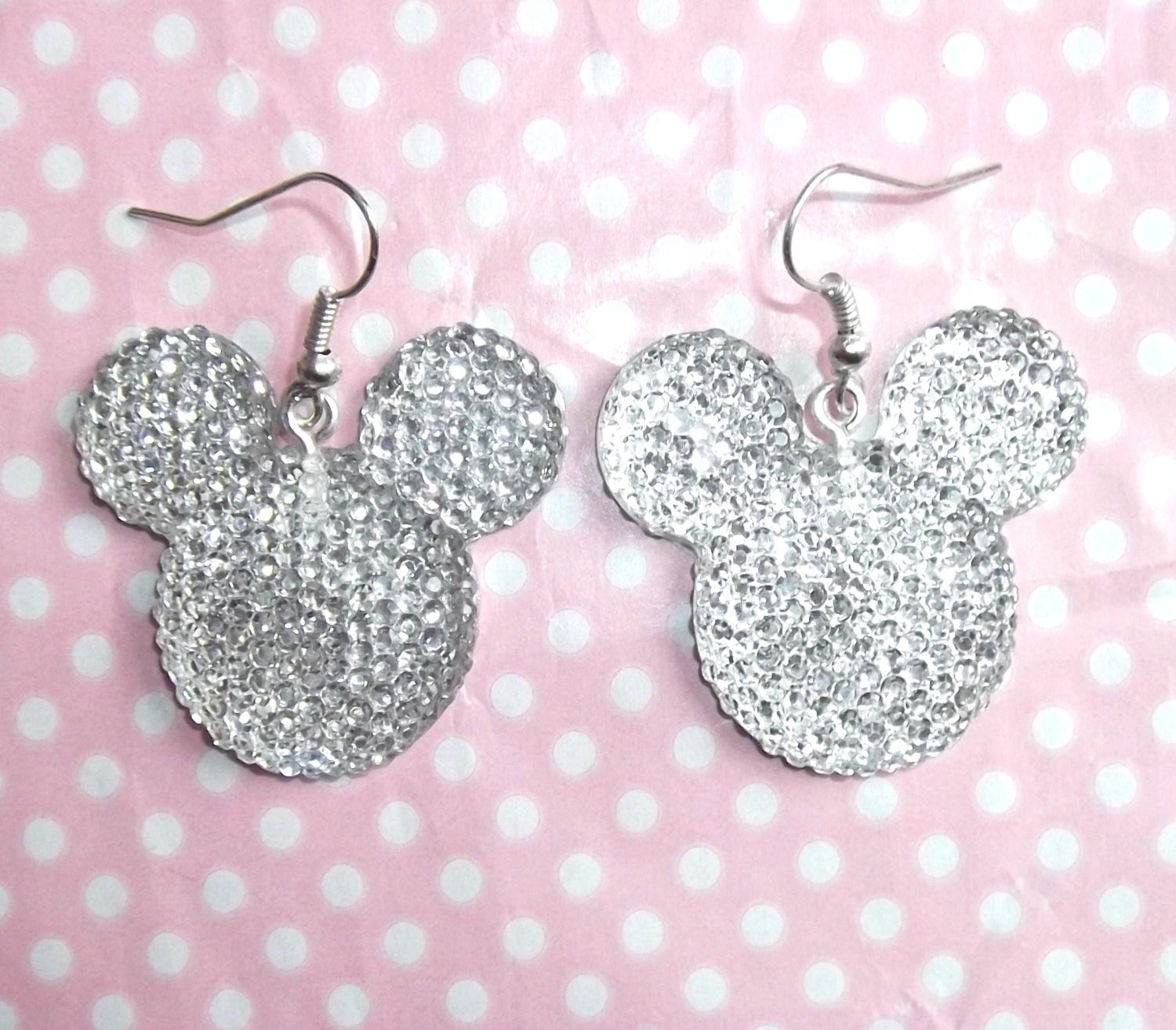 Retro mickey mouse clear silver sparkly rhinestone earrings stud post or dangle