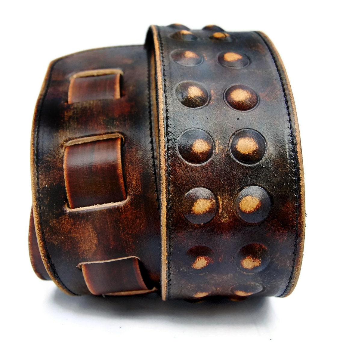 Mens Leather brown guitar strap - Cool guitar strap / VINTAGE style with 3D circles