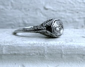 RESERVED - Beautiful Vintage 14K White Gold Diamond Filigree Engagement Ring.