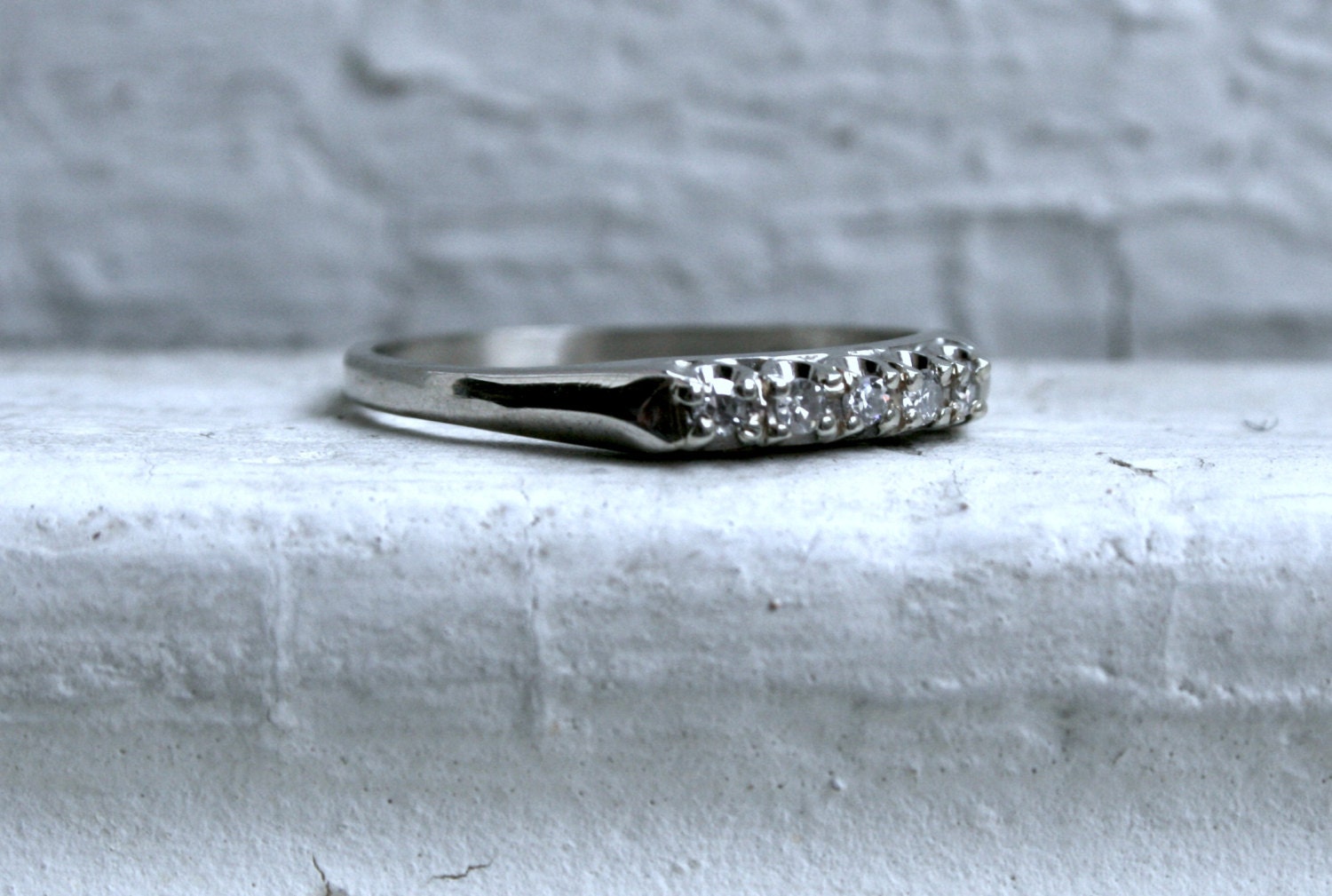 Classic Vintage 14K White Gold Diamond Wedding Band.