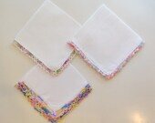 Vintage linen hankies with lace trim - lot of 3 with multi-color crocheted and tatted lace