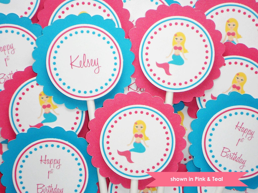 Mermaid Cupcake Toppers - Personalized Under the Sea Party Decorations - Colors and Text Customizable Il_570xn