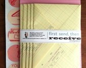 Set of five die cut lined envelope, 10 sheets custom ruled paper, custom seals.